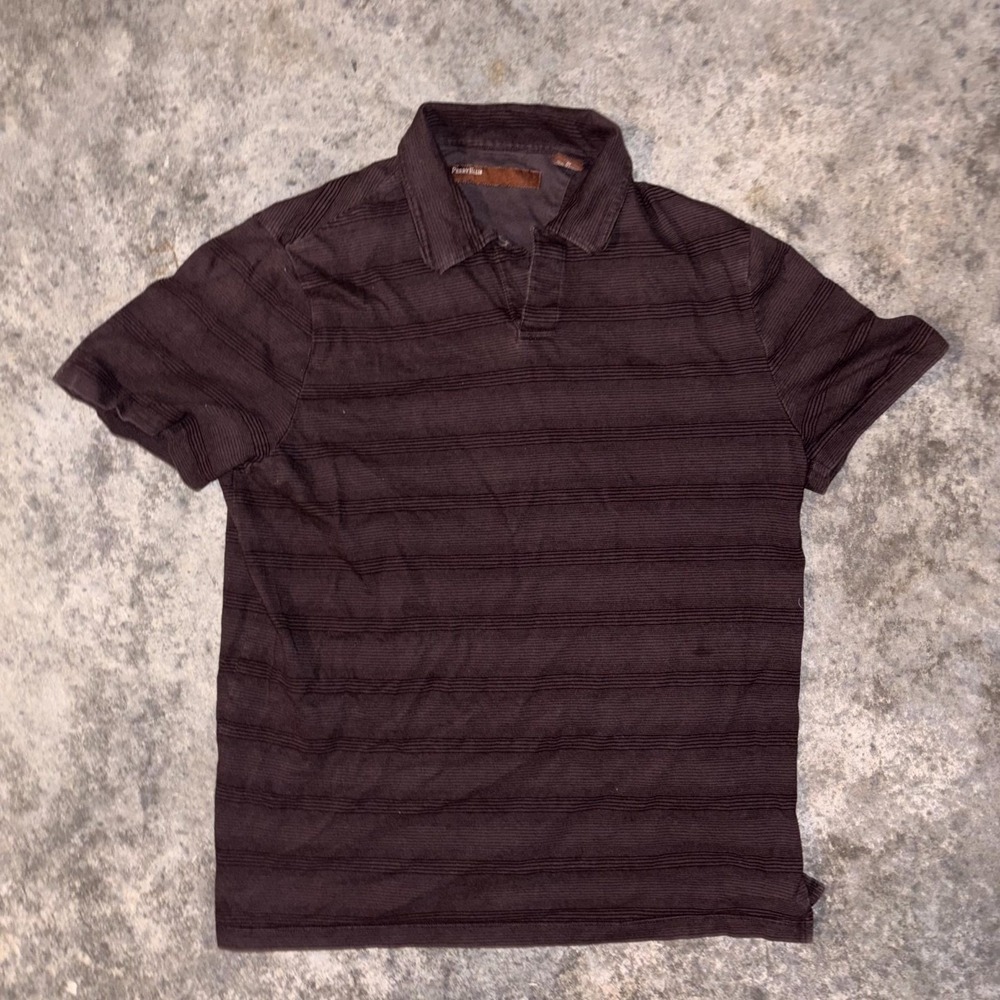 Perry Ellis Polo Shirt Men Medium Dark Brown Striped Cotton Johnny Collar Casual